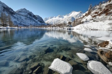crystal-clear lake surrounded by snow-covered mountains in winter, created with generative ai