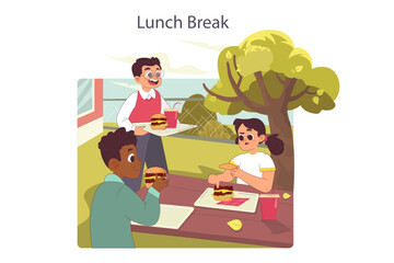 Elementary school students eating lunch on the break. Friends eating