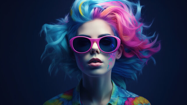 Portrait of young woman in sunglasses with colorful hair, fashion ai illustration 