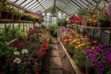 Fototapeta na wymiar greenhouse filled with vibrant and colorful flowers, created with generative ai