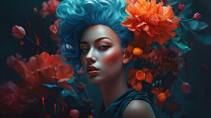 Obraz na płótnie Canvas Portrait of a woman with flowers and blue hair, fashion ai illustration 