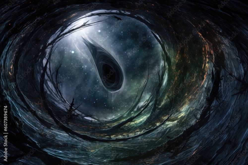 Sticker alien travels through wormhole, exploring the distant reaches of space time, created with generative
