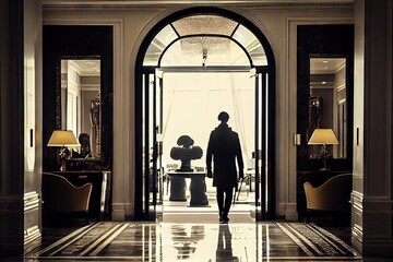 person, entering the bright and welcoming lobby of luxury hotel, created with generative ai