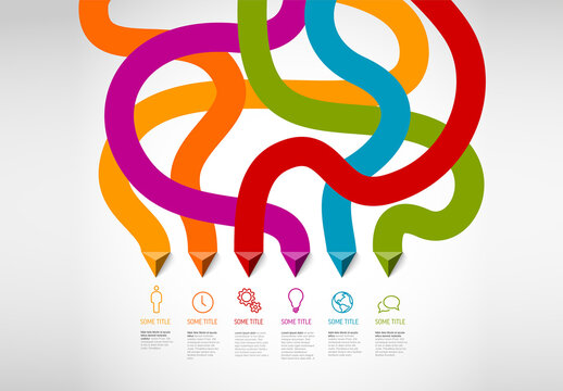 Simple light infographic with six items and solid stripes with arrows