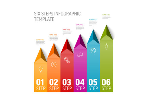 Simple light infographic with title and six steps on solid stripes with arrows