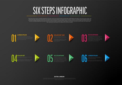 Six dark horizontal step items elements template with icons and triangle arrows