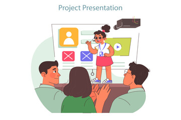 Tech camp for children. Student presenting her project at whiteboard