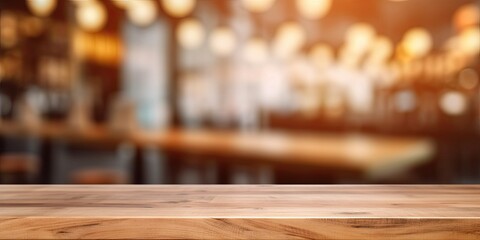 Coffee Shop. Wooden Table in Beautiful Blurred Restaurant Background