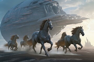 a group of horses running from an unseen threat, with alien ships in the background, created with generative ai
