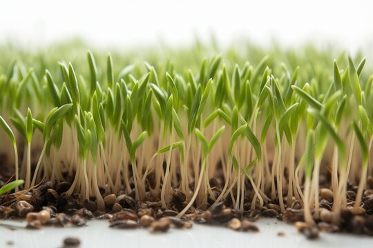 Green germinated wheat sprouts on white background from generative ai