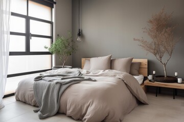 serene bedroom, with minimalist decor and tidy bedding, created with generative ai