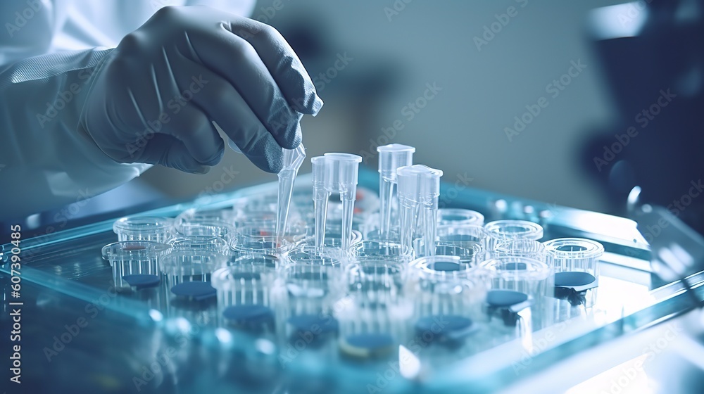 Poster Pipetting sample into multi well plate for analysis in a laboratory. Generative AI