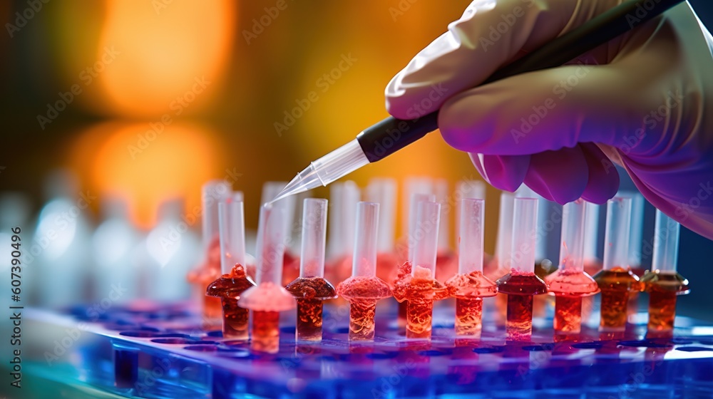 Poster pipetting sample into multi well plate for analysis in a laboratory. generative ai