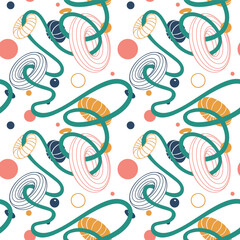 Minimalistic geometrical vector seamless pattern with soaring in weightlessness geometric shapes, bulk rings strung on a thread like beads. Futuristic retro background