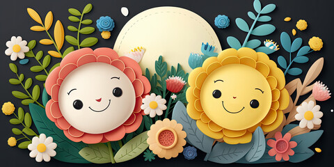 Cute colorful flowers greeting for text space banner, paper cut copy space cute flowers background, colorful floral background banner