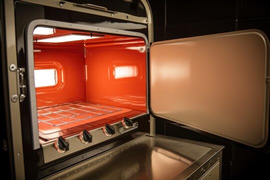 with the oven door opened, showing off its shiny interior and warm glow, created with generative ai © altitudevisual
