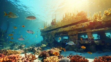 Fototapeta na wymiar a shipwreck with fish and coral. Generative AI Art.