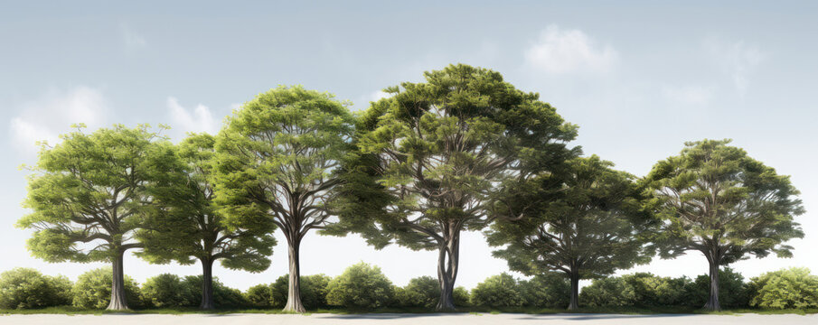 A panoramic view of a tree line and grassy meadow in the foreground isolated on white. AI Generative.