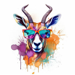 Springbok with sunglasses realistic, colorful watercolor splash background, illustration