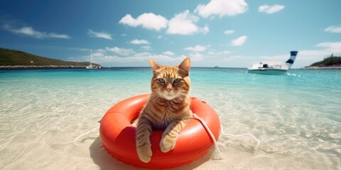 Fototapeta premium cat sunbath at beach with generative ai