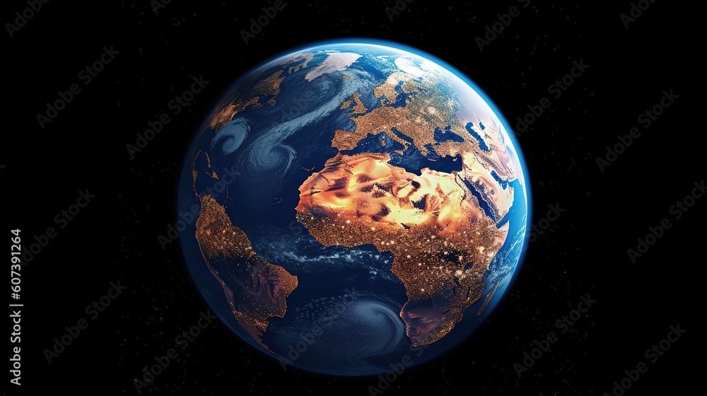 Poster planet earth half night and half day with city lights and clouds in space with stars. generative ai