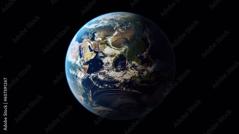 Poster planet earth half night and half day with city lights and clouds in space with stars. generative ai