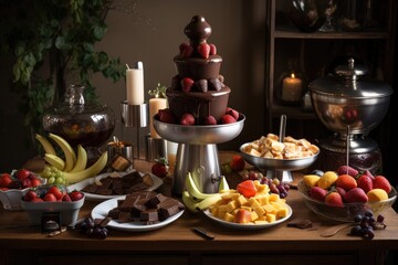 chocolate fountain surrounded by plates and skewers of fruits and cookies for a classic fondue party, created with generative ai