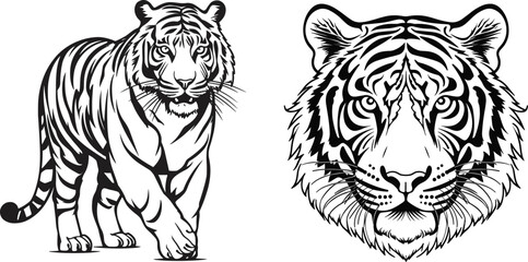 Set of tiger's head and body vector silhouettes. Black tattoo illustration. Suitable for logo art, tattoo, stickers, cards, t-shirt design etc