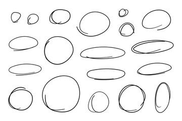 A set of hand drawn circle doodles, squiggle and swirl lines