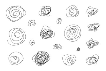 A set of hand drawn spiral, squiggle and swirl lines, png transparent background
