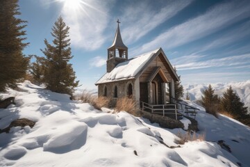 Fototapeta na wymiar peaceful chapel surrounded by snow-covered peaks and clear blue skies, created with generative ai