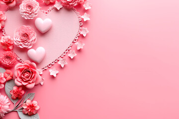 Fototapeta na wymiar Pink flowers and hearts on pastel pink background. Valentines day concept.AI generated.