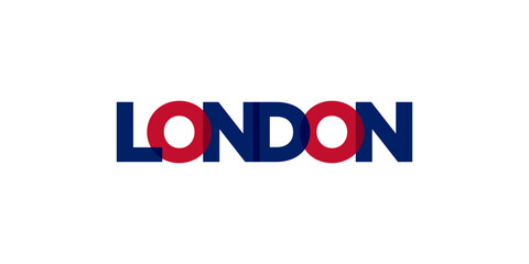 London city in the United Kingdom. The design features a geometric style illustration with bold typography in a modern font on white background.