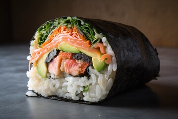 sushi burrito, with fusion of japanese and mexican flavors, created with generative ai
