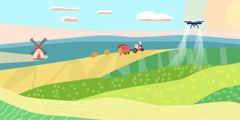 Smart agro concept, background with meadows and fields