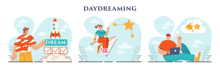 Daydreaming concept set. Young characters dreaming or daydreaming