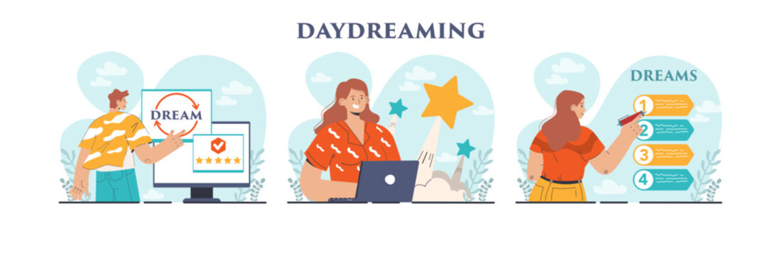 Daydreaming concept set. Young characters dreaming or daydreaming