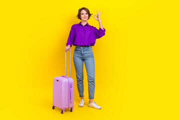 Full length photo of sweet cool lady wear violet shirt showing okey holding baggage isolated yellow color background