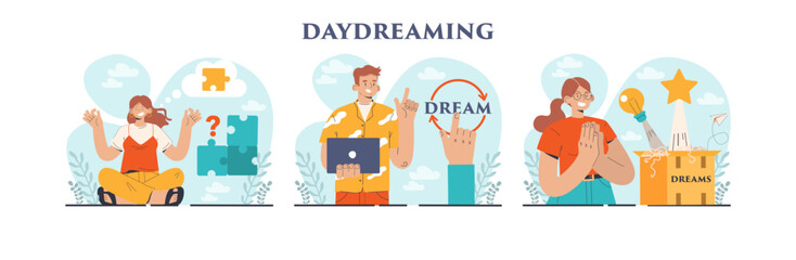 Daydreaming concept set. Young characters dreaming or daydreaming