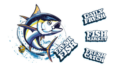 Tuna fishing logo vector  illustration. Tuna fishing emblem isolated. Ocean fish logo. Saltwater fishing theme.