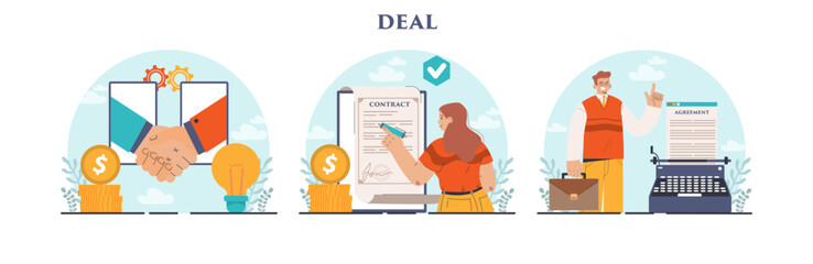 Deal concept set. Entrepreneurs setting an official contract. Idea of partnership