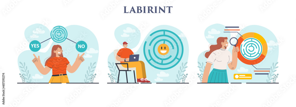 Aufkleber labyrinth concept set. decision-making or problem solving. character