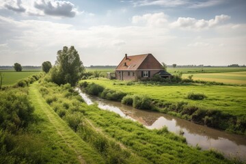 farmhouse surrounded by fields of crops, with waterway in the distance, created with generative ai - obrazy, fototapety, plakaty