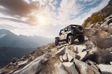 off-road vehicle climbing over rocky ridge in the mountains, created with generative ai