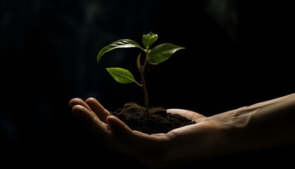 Plant in hand on a dark background 