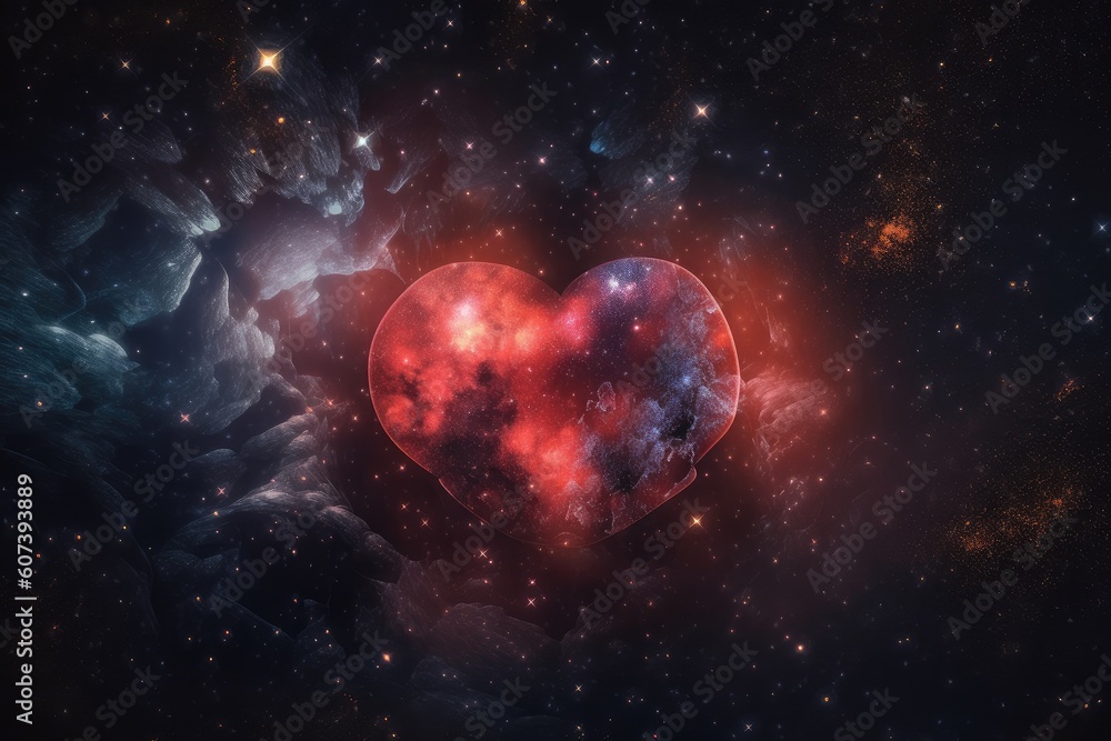 Wall mural heart within nebula, with stars and planets visible in the distance, created with generative ai
