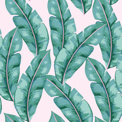 Watercolor Style Tropical Leaves Pink Green Monstera Palm Jungle Seamless Repeat Vector Pattern 