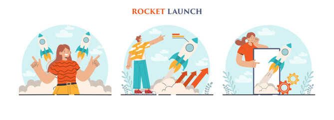 Rocket launch set. Business start up or successful project progress.