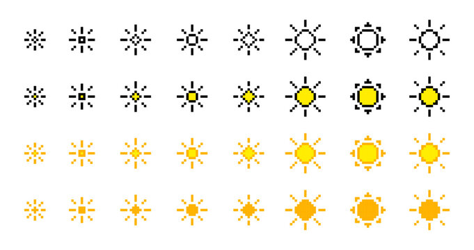 pixel icon sun, brightness icon sheet, 8 bit isolated pixelated vector