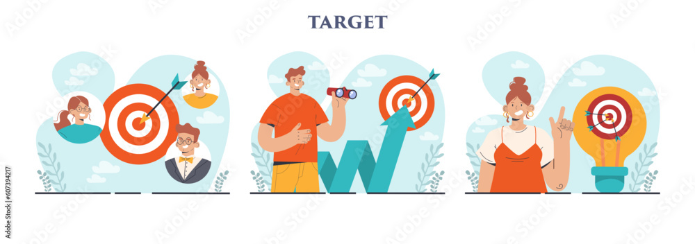 Poster target concept set. ambitious characters aiming in target and shooting